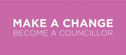 Pink banner stating 'make a change, become a councillor'