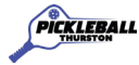 Logo for Pickleball Thurston, with the words overlaying a paddle and ball