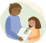 Vector of an adult and child looking into an open book