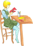 Vector graphic of a young girl sitting on a chair doing crafts at a table