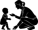 Graphic silhouette of mother kneeling, interacting with child