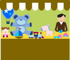 Vector of man selling toys at a stall