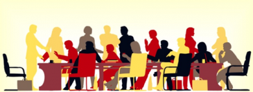 Graphic of a meeting, with people sitting and standing around a table