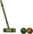 Graphic of croquet mallet and two balls