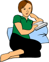 Graphic of woman relaxing on a cushion, reading 