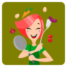 Graphic of a woman smiling holding kitchen utensils surrounded by food