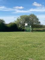 Grass play area, with a basketball net and trees in the background
